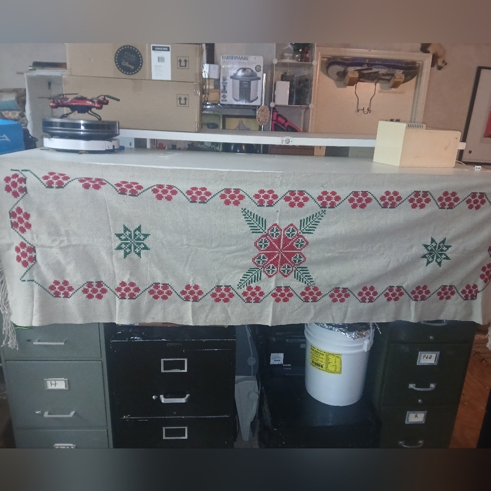 Festive Red and Green Table Runner rug or wall hanger hand made/ cotton and wool